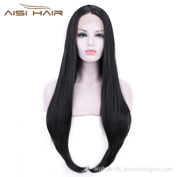 Aisi Hair Heat Resistant Synthetic Fiber Lace Front Long Straight Wig Natural Black Lace Front Soft Straight Long Wigs for Women